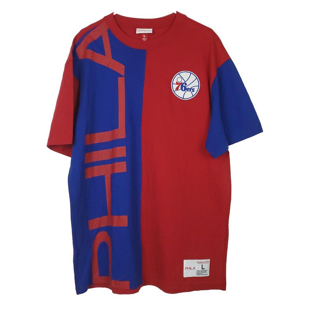 Philadelphia 76ers Mitchell & Ness NBA L Large Shirt Blue Red Split Sixers NWT